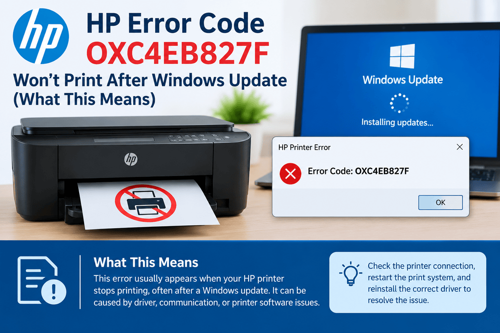 HP Error Code OXC4EB827F — Won’t Print After Windows Update (What This Means)